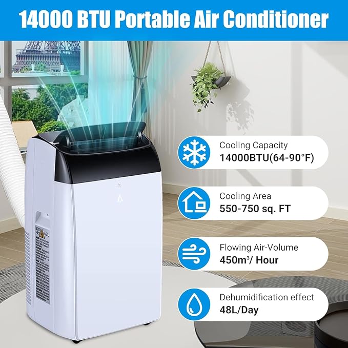 2Pcs 14000 BTU Portable Air Conditioner, Indoor AC Unit with Remote Control & Dehumidifier, Cools Up to 750 Sq. Ft., 3-in-1