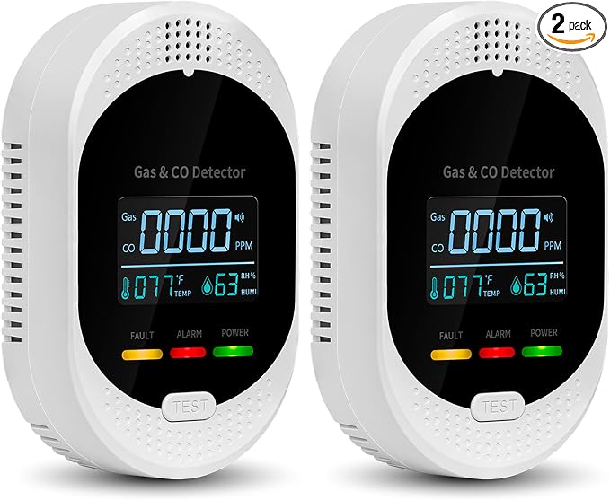 2PCS 4-in-1 Carbon Monoxide & Natural Gas Detectors with Temperature/Humidity LCD Display, Plug in Co Leak Detector Propane