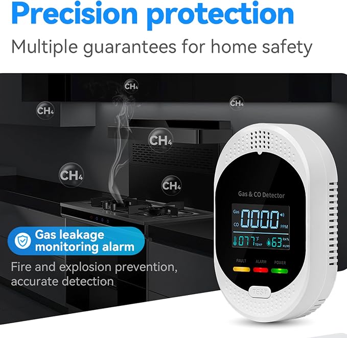 2PCS 4-in-1 Carbon Monoxide & Natural Gas Detectors with Temperature/Humidity LCD Display, Plug in Co Leak Detector Propane