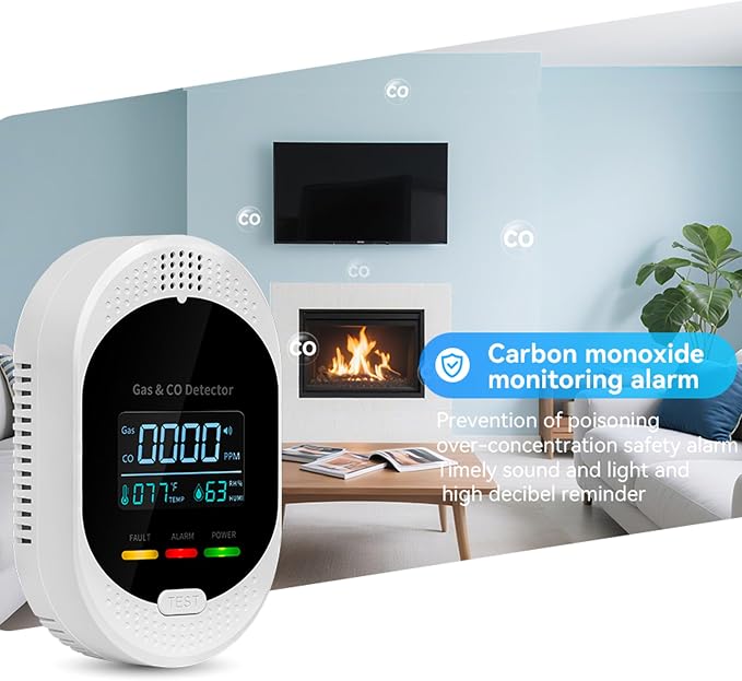 2PCS 4-in-1 Carbon Monoxide & Natural Gas Detectors with Temperature/Humidity LCD Display, Plug in Co Leak Detector Propane