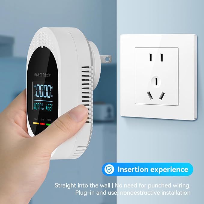 2PCS 4-in-1 Carbon Monoxide & Natural Gas Detectors with Temperature/Humidity LCD Display, Plug in Co Leak Detector Propane