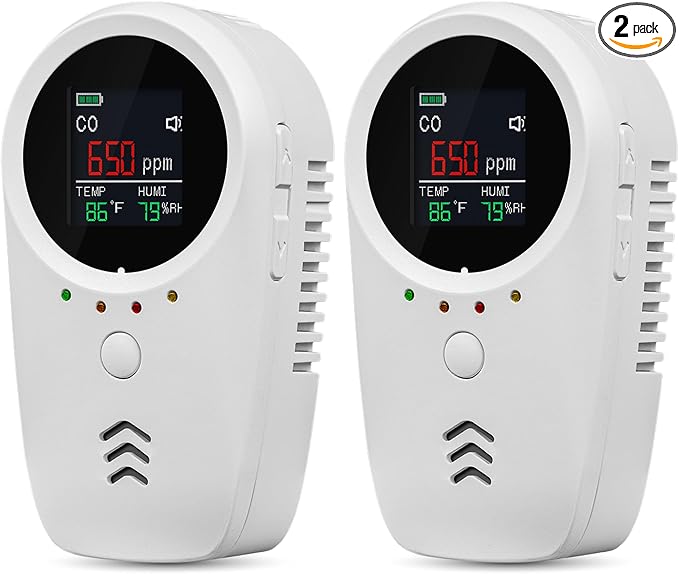 2PCS 5-in-1 Rechargeable Carbon Monoxide & Natural Gas Detectors with Temperature/Humidity LCD Display & 2000mAh Lithium-ion