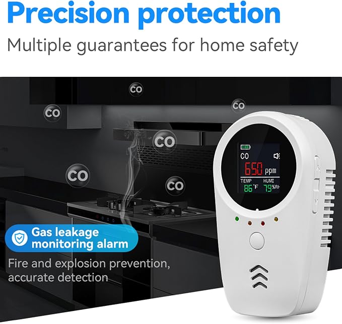 2PCS 5-in-1 Rechargeable Carbon Monoxide & Natural Gas Detectors with Temperature/Humidity LCD Display & 2000mAh Lithium-ion