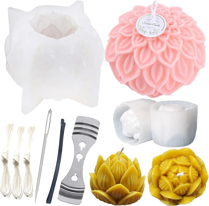 2PCS Lotus Sphere Candle Molds with Mold Punch Needle Large-Eye Wicking Needle for Candle Making Lotus Flower