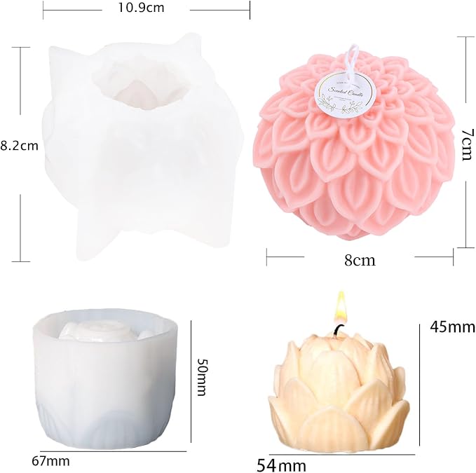 2PCS Lotus Sphere Candle Molds with Mold Punch Needle Large-Eye Wicking Needle for Candle Making Lotus Flower, alternate view