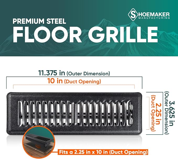 2x10 Floor Register – Black Heavy Duty Metal Floor Vent Cover for Home Floors - Premium Forced Air Vent Covers, alternate