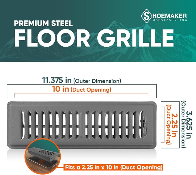 2x10 Floor Register – Storm Gray Heavy Duty Metal Floor Vent Cover for Home Floors - Premium Forced Air Vent Covers