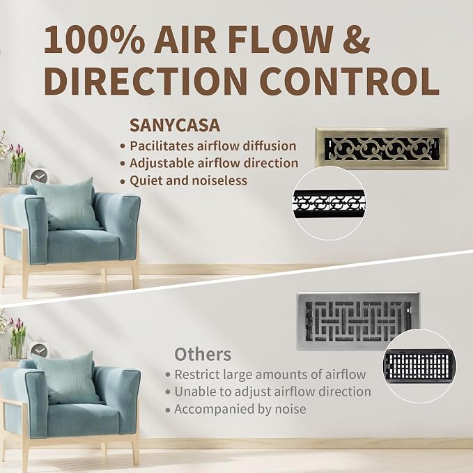 2x10 Inches Air Floor Vents Register Ease Adjust Air Flow Savannah Design-Heavy Duty Walkable Steel Decorative Vent Covers