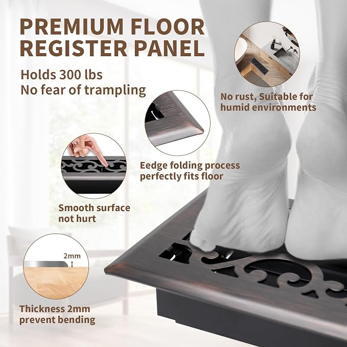 2x10 Inches Air Floor Vents Register Ease Adjust Air Flow Savannah Design-Heavy Duty Walkable Steel Decorative Vent Covers