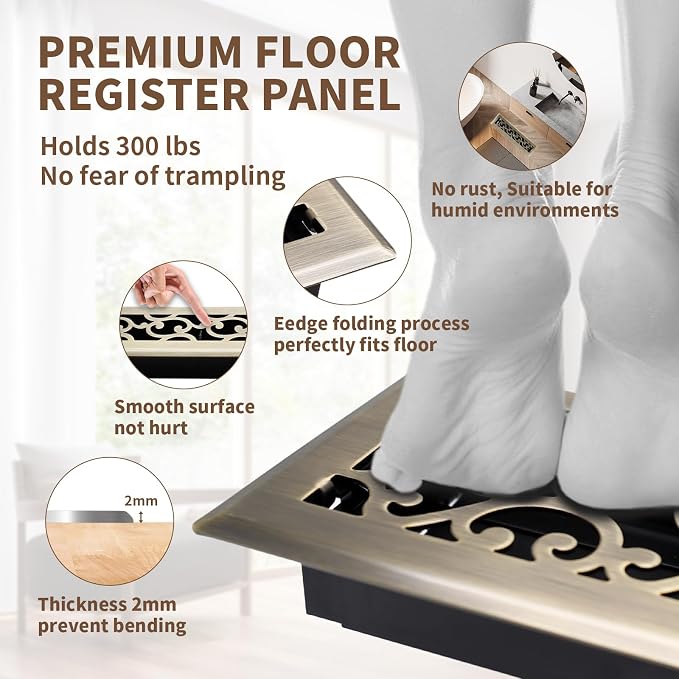 2x12 Inches Air Floor Vents Register Ease Adjust Air Flow Savannah Design-Heavy Duty Walkable Steel Decorative Floor Vent for