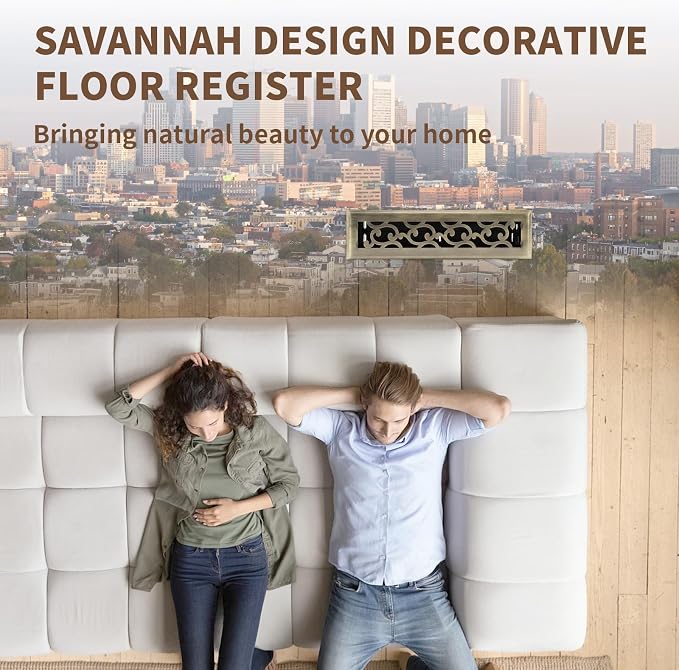 2x12 Inches Air Floor Vents Register Ease Adjust Air Flow Savannah Design-Heavy Duty Walkable Steel Decorative Floor Vent for
