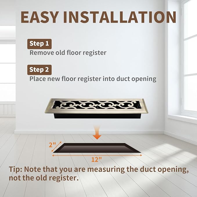 2x12 Inches Air Floor Vents Register Ease Adjust Air Flow Savannah Design-Heavy Duty Walkable Steel Decorative Floor Vent for