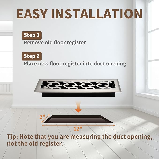 2x12 Inches Air Floor Vents Register Ease Adjust Air Flow Savannah Design-Heavy Duty Walkable Steel Decorative Floor Vent for