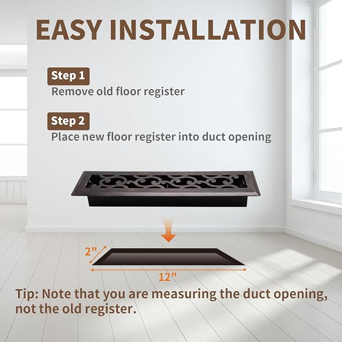 2x12 Inches Air Floor Vents Register Ease Adjust Air Flow Savannah Design-Heavy Duty Walkable Steel Decorative Floor Vent for