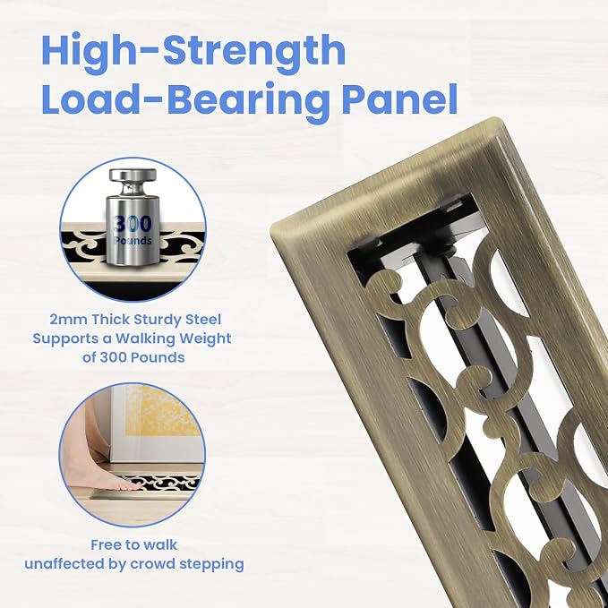 2x12 Inches Heavy Duty Walkable Floor Register - Easy Adjust Air Supply Lever Decorative Floor Vent Covers - Savannah Design