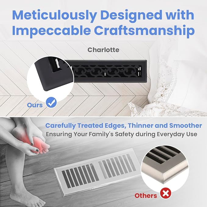 2x12 Inches Heavy Duty Walkable Floor Register - Easy Adjust Air Supply Lever Decorative Floor Vent Covers - Savannah Design