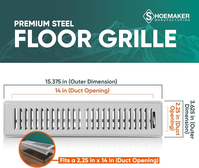 2x14 Floor Register – Cement Gray Heavy Duty Metal Floor Vent Cover for Home Floors - Premium Forced Air Vent Covers