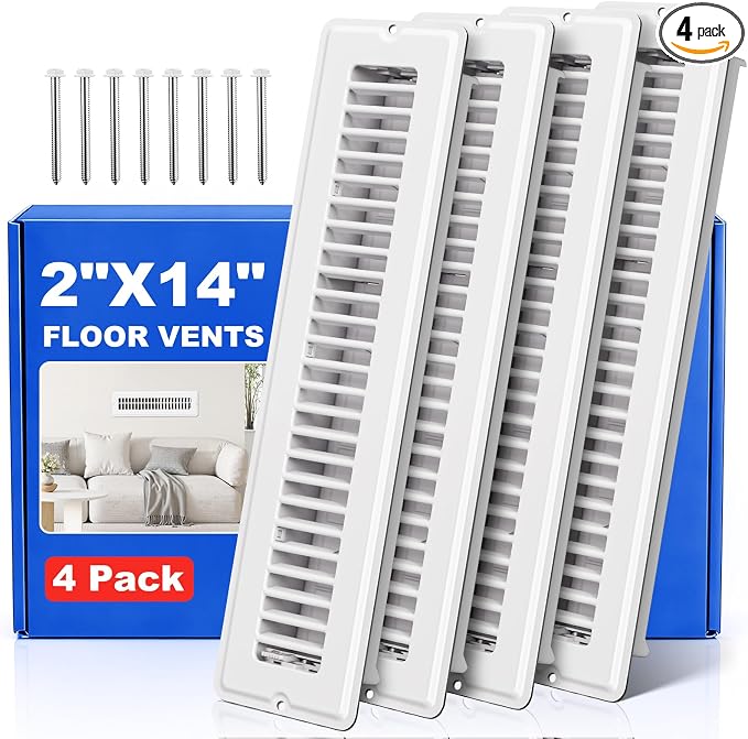 2x14 Floor Register, White Vent Covers for Home Floor & Wall, 4 Pack Floor Vents with 8 Pack Screws, Heavy Duty Walkable