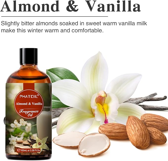 3.38FL.OZ Almond Vanilla Fragrance Oils for Aromatherapy, Essential Oils for Diffusers for Home, Perfect for Diffuser, Yoga