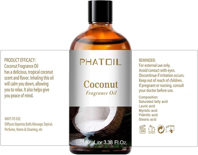 3.38FL.OZ Coconut Fragrance Oils for Aromatherapy, Essential Oils for Diffusers for Home, Perfect for Diffuser, Yoga