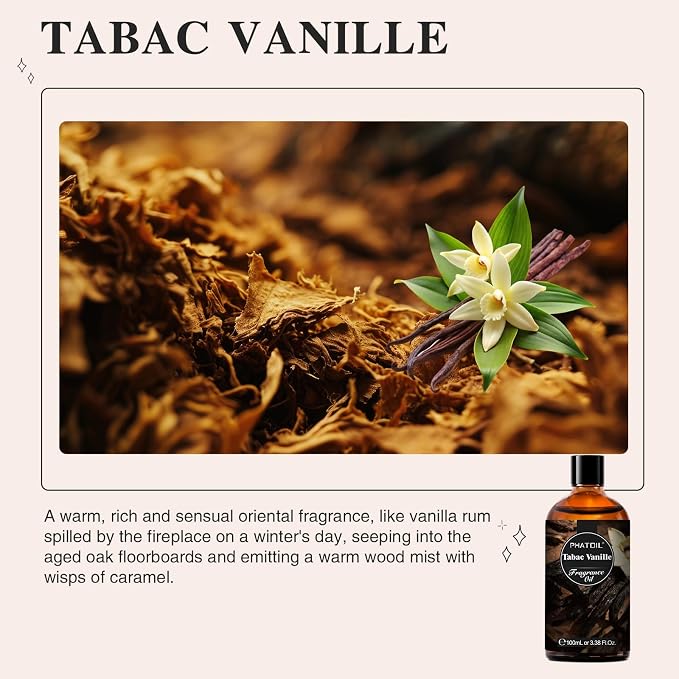 3.38FL.OZ Tabac Vanille Fragrance Oils for Aromatherapy, Essential Oils for Diffusers for Home, Perfect for Diffuser, Yoga