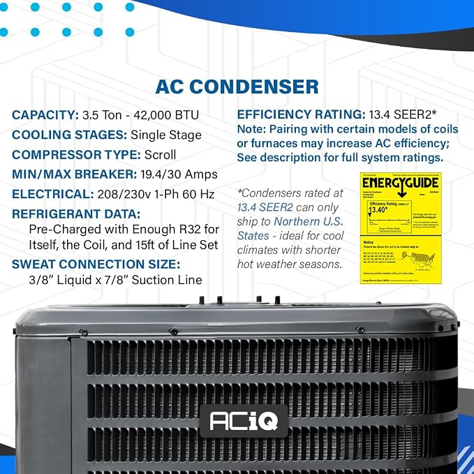 3.5 Ton 13.4+ SEER2 Central Air Conditioner Split System & Mobile Home Coil - R32 Single Stage | 42000 BTU Energy Efficient