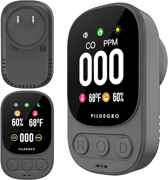 3-in-1 Carbon Monoxide Detector Plug in, Professional 2.1" LED Plug-and-Play Real-Time CO Monitor with Temp & RH, Premium