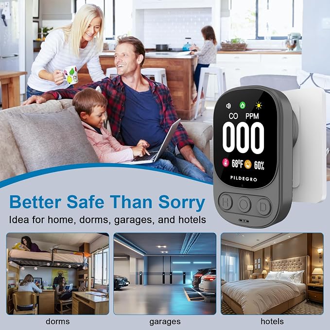 3-in-1 Carbon Monoxide Detector Plug in, Professional 2.1" LED Plug-and-Play Real-Time CO Monitor with Temp & RH, Premium