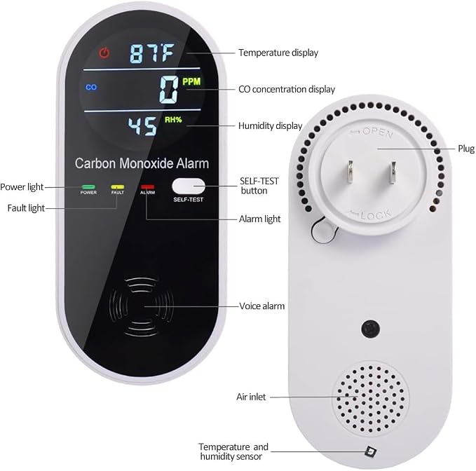 3-in-1 Carbon Monoxide Detectors, Portable Carbon Monoxide Detector for Travel with Temperature & Humidity Display, Carbon