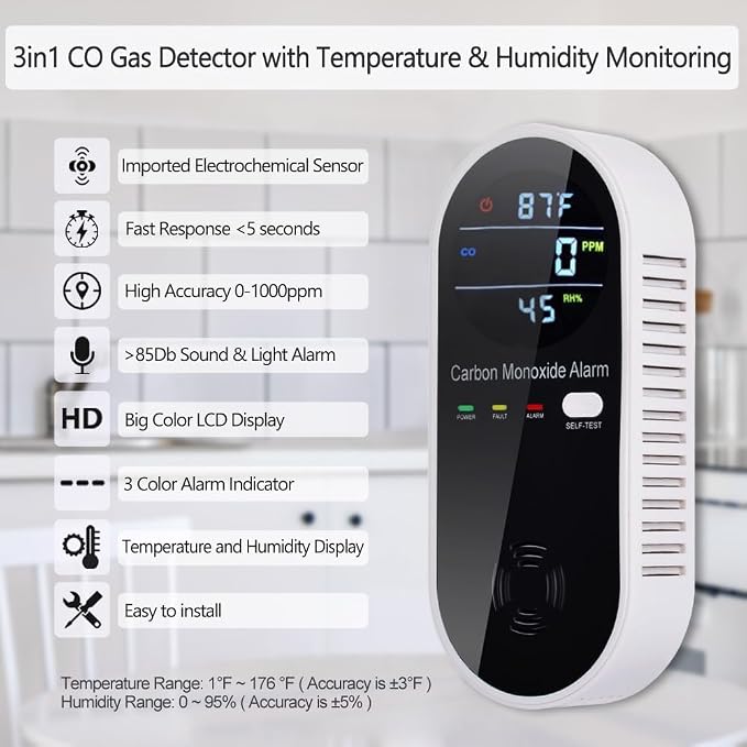 3-in-1 Carbon Monoxide Detectors, Portable Carbon Monoxide Detector for Travel with Temperature & Humidity Display, Carbon