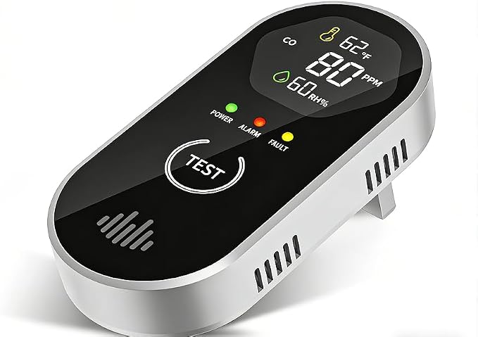 3-in-1 CO Detector Plug-in with Digital Display, Monitors Carbon Monoxide, Temperature, Humidity, 85dB Loud Alarm, Portable