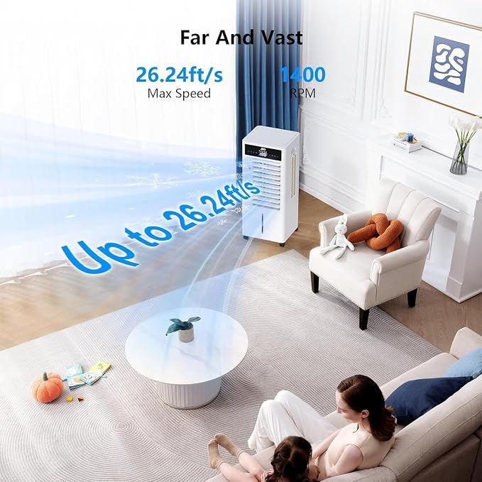 3-IN-1 Evaporative Air Cooler, 80° Oscillation Air Cooler with 3 Speeds, 4 Modes, 12H Timer, 2.4Gal Tank, Remote, Portable