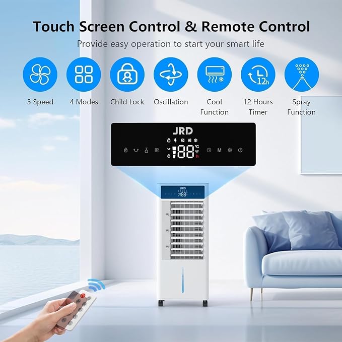 3-IN-1 Evaporative Air Cooler, 80° Oscillation Air Cooler with 3 Speeds, 4 Modes, 12H Timer, 2.4Gal Tank, Remote, Portable