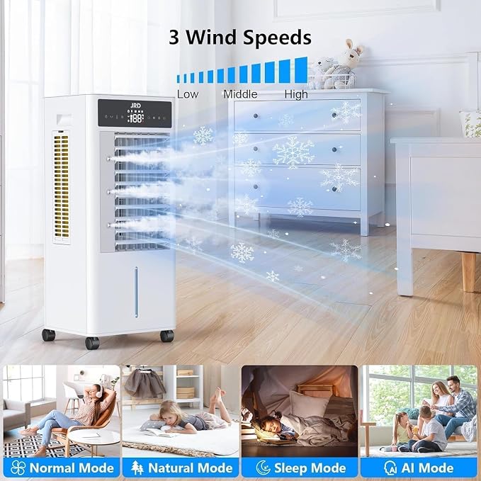 3-IN-1 Evaporative Air Cooler, 80° Oscillation Air Cooler with 3 Speeds, 4 Modes, 12H Timer, 2.4Gal Tank, Remote, Portable