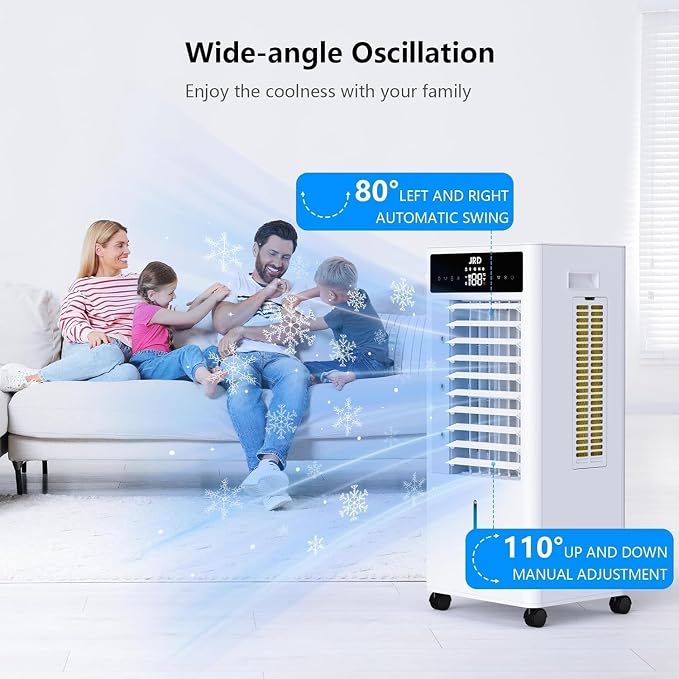 3-IN-1 Evaporative Air Cooler, 80° Oscillation Air Cooler with 3 Speeds, 4 Modes, 12H Timer, 2.4Gal Tank, Remote, Portable