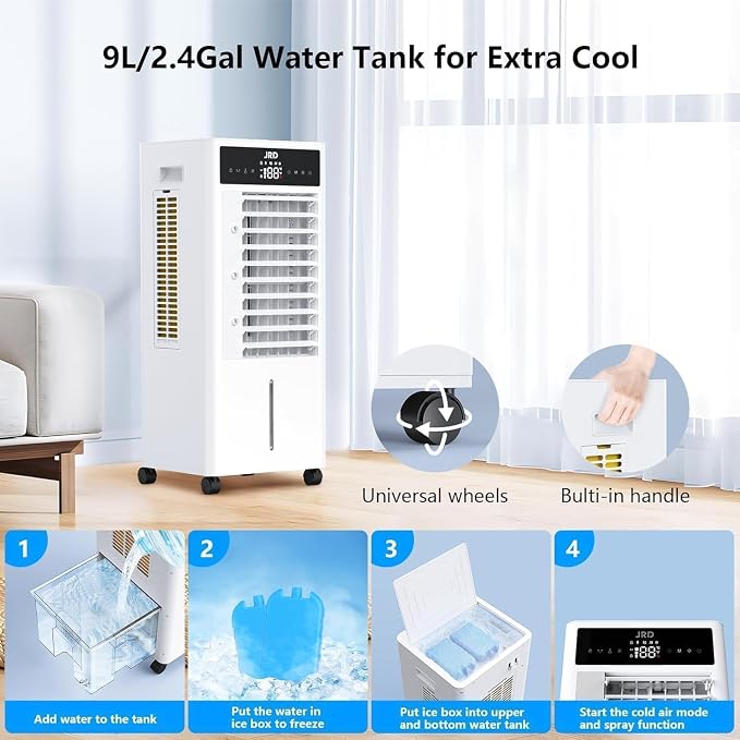 3-IN-1 Evaporative Air Cooler, 80° Oscillation Air Cooler with 3 Speeds, 4 Modes, 12H Timer, 2.4Gal Tank, Remote, Portable