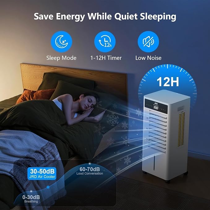 3-IN-1 Evaporative Air Cooler, 80° Oscillation Air Cooler with 3 Speeds, 4 Modes, 12H Timer, 2.4Gal Tank, Remote, Portable