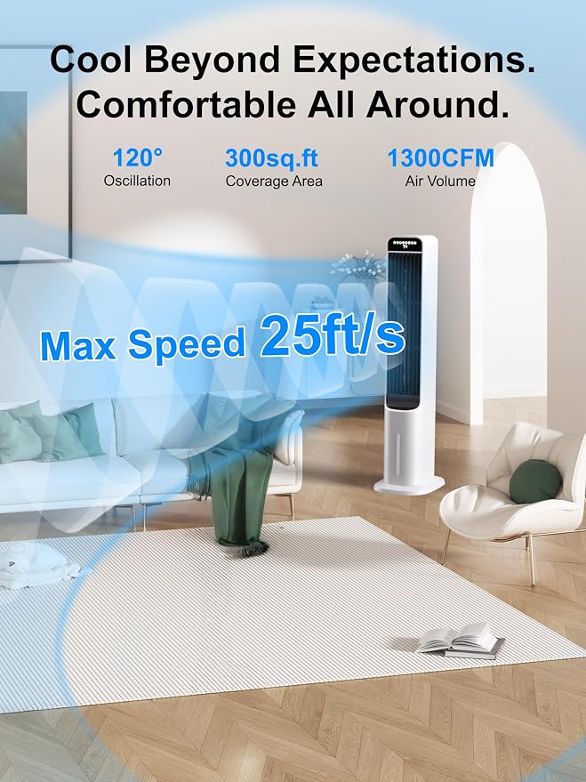 3-IN-1 Evaporative Air Cooler, Cooling Fans that Blow Cold Air with 120° Oscillation, 12H Timer,3 Speeds, Portable Swamp