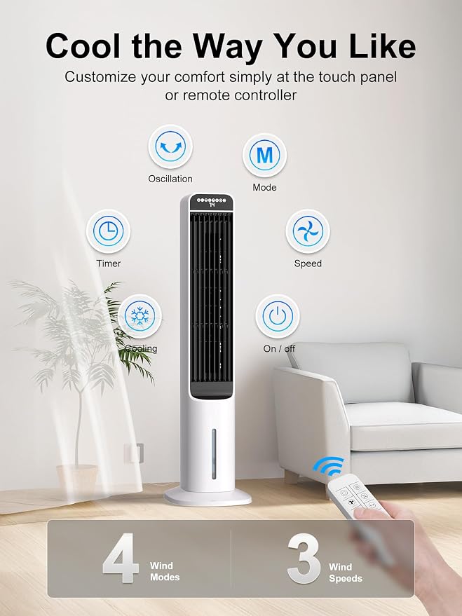 3-IN-1 Evaporative Air Cooler, Cooling Fans that Blow Cold Air with 120° Oscillation, 12H Timer,3 Speeds, Portable Swamp