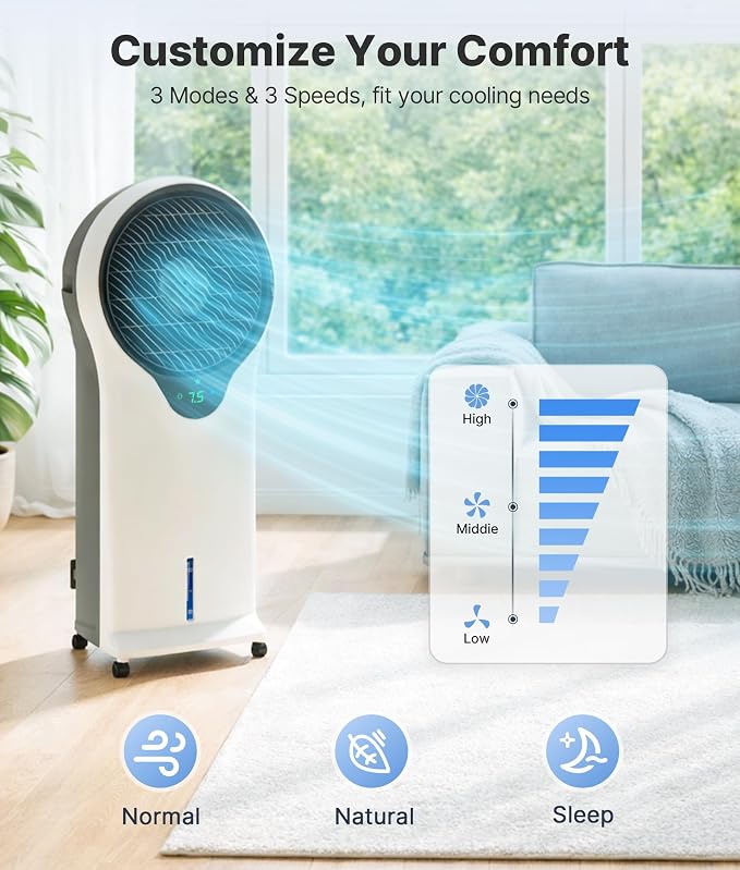 3-in-1 Evaporative Air Cooler - Portable Swamp Cooler Air Conditioner with 5.5L Water Tank & 2 Ice Packs, 3 Speeds, 3 Modes