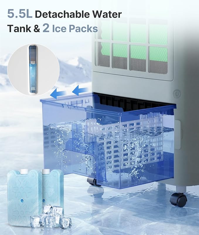 3-in-1 Evaporative Air Cooler - Portable Swamp Cooler Air Conditioner with 5.5L Water Tank & 2 Ice Packs, 3 Speeds, 3 Modes