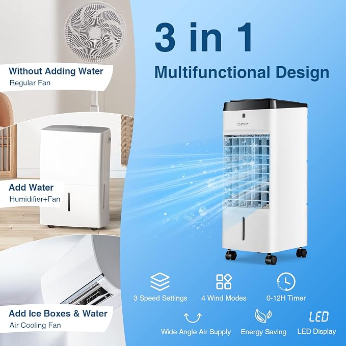 3-in-1 Evaporative Air Cooler, Quiet Personal Swamp Cooler with Remote Control, 70° Oscillation, 12H Timer, 3 Speeds, 2 Ice