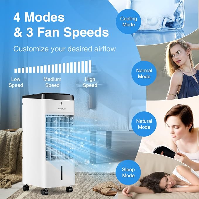 3-in-1 Evaporative Air Cooler, Quiet Personal Swamp Cooler with Remote Control, 70° Oscillation, 12H Timer, 3 Speeds, 2 Ice