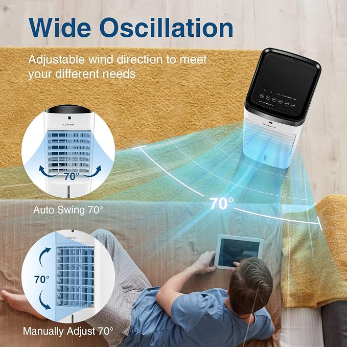3-in-1 Evaporative Air Cooler, Quiet Personal Swamp Cooler with Remote Control, 70° Oscillation, 12H Timer, 3 Speeds, 2 Ice