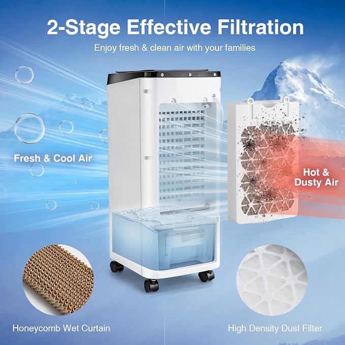 3-in-1 Evaporative Air Cooler, Quiet Personal Swamp Cooler with Remote Control, 70° Oscillation, 12H Timer, 3 Speeds, 2 Ice