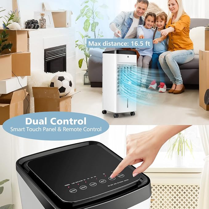 3-in-1 Evaporative Air Cooler, Quiet Personal Swamp Cooler with Remote Control, 70° Oscillation, 12H Timer, 3 Speeds, 2 Ice
