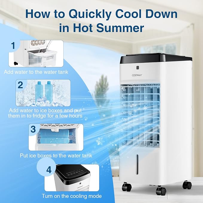 3-in-1 Evaporative Air Cooler, Quiet Personal Swamp Cooler with Remote Control, 70° Oscillation, 12H Timer, 3 Speeds, 2 Ice
