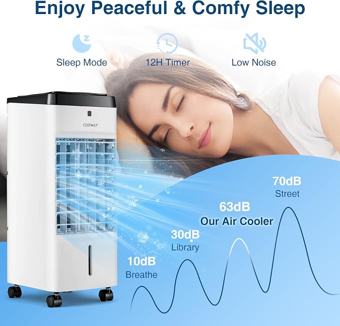 3-in-1 Evaporative Air Cooler, Quiet Personal Swamp Cooler with Remote Control, 70° Oscillation, 12H Timer, 3 Speeds, 2 Ice