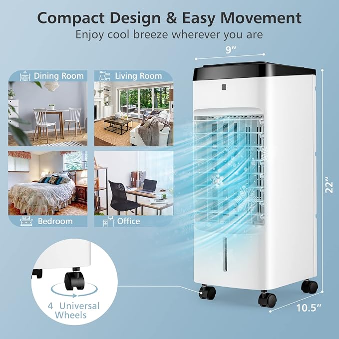 3-in-1 Evaporative Air Cooler, Quiet Personal Swamp Cooler with Remote Control, 70° Oscillation, 12H Timer, 3 Speeds, 2 Ice