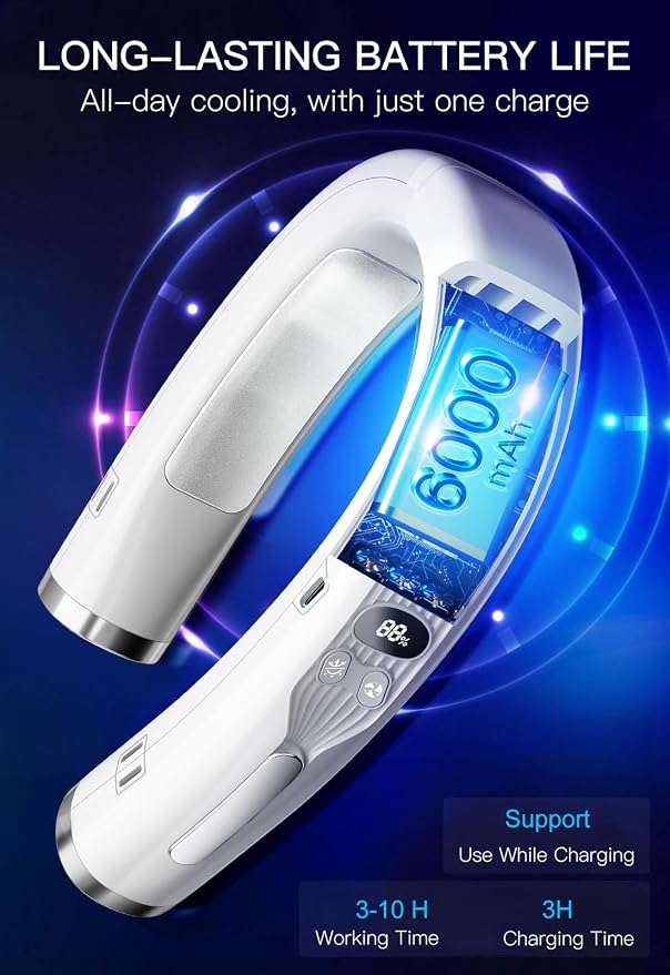 3 in 1 Neck Air Conditioner Portable, 6000mAh Neck Fan with 2 Metal Cooling Plates, Neck Fans that Blow Cold Air Rechargeable